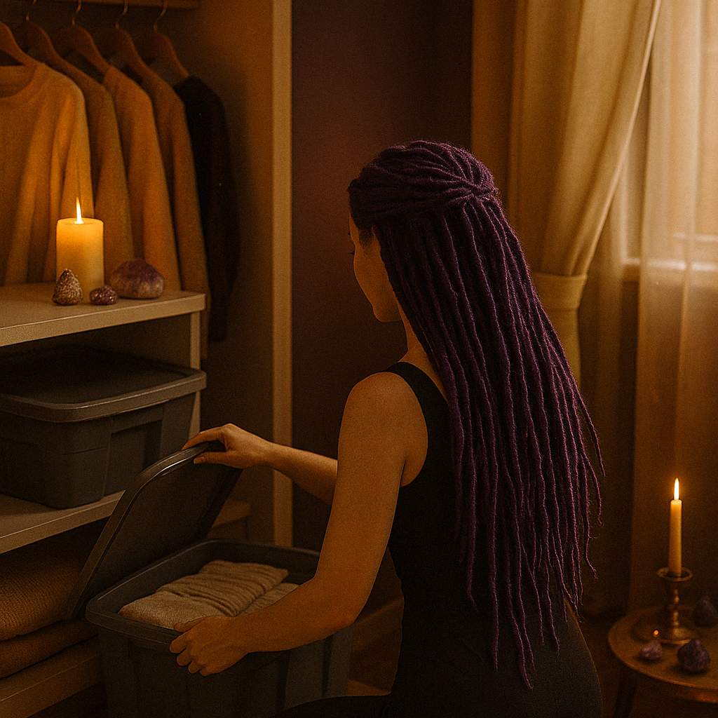 Woman with purple dreadlocks organizing a shelf, offering home organization services in Salt Lake City