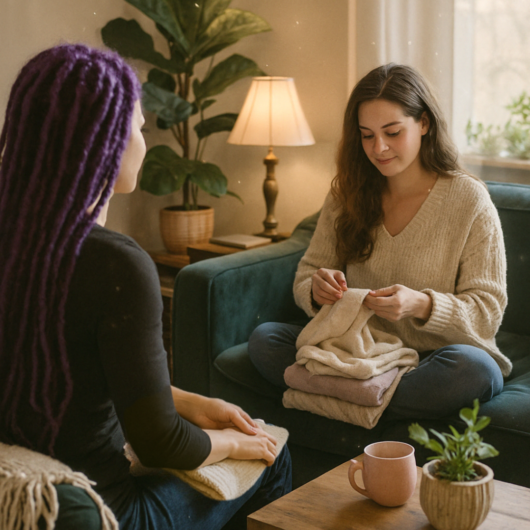 Two women in a cozy room working together on a project, representing body doubling support for ADHD and executive dysfunction in Salt Lake.