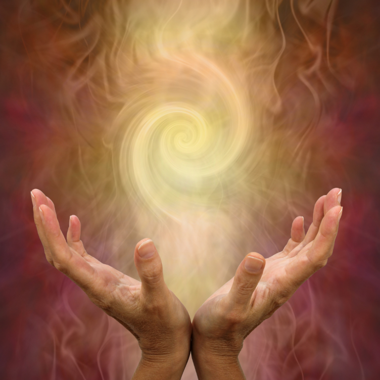 Two open hands with a glowing swirl of light above them, symbolizing energetic intention and the healing power of space clearing