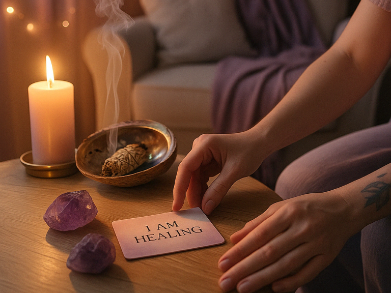 Dimly lit space with candlelight, cleansing tools, and a peaceful atmosphere, representing energy clearing and deep cleaning in Salt Lake