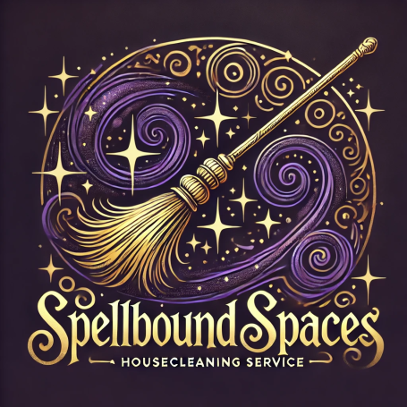Spellbound Spaces cleaning and organizing service logo with magical broom and stars in purple and gold
