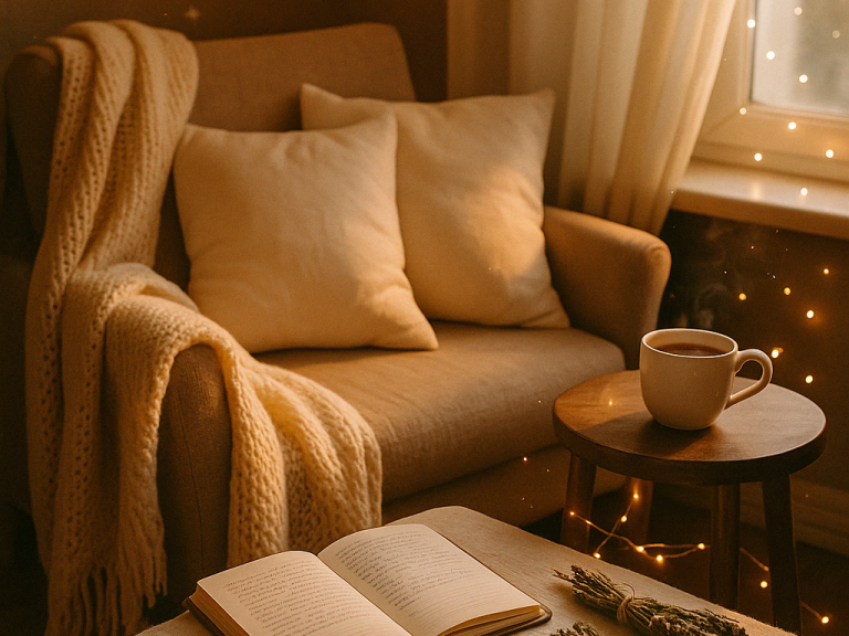Sunlit room with soft pillows, blanket, teacup, and journal, representing gentle home support for new parents in Salt Lake City
