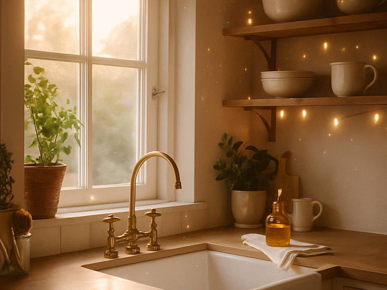 Sunlit kitchen with clean countertops and glowing sink, representing eco-friendly home refresh in Salt Lake City